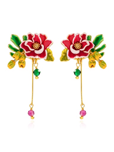 Dahlia Red Flower Yellow Bud And Bead Enamel Earrings