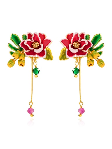 Dahlia Red Flower Yellow Bud And Bead Enamel Earrings