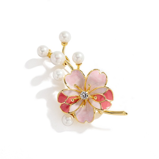 Peach Blossom Flower And Pearl Enamel Brooch