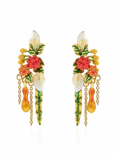 Orange Red Flower Bud Tassel And Green Leaf Enamel Dangle Earrings Jewelry Gift