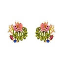 Pink Flower And Crystal  Enamel Stud Earrings Jewelry Gift