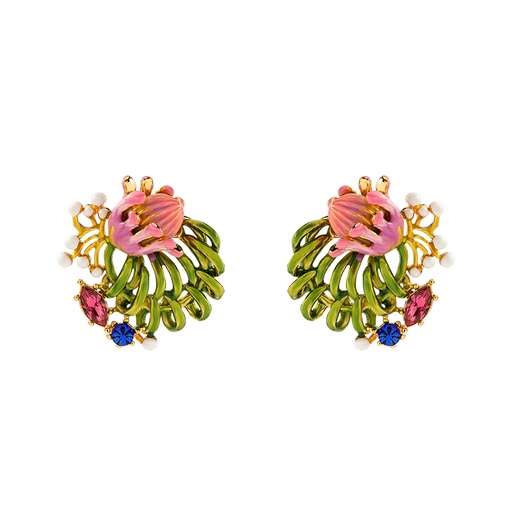 Pink Flower And Crystal  Enamel Stud Earrings Jewelry Gift
