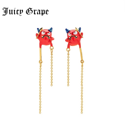 Juicy Grape Enamel Glazed Red Slug Small Monster Long Tassel Stud Clip Earrings