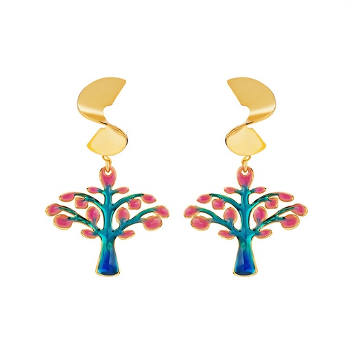 Pink Bud Blue Branch Life Tree Enamel Dangle Stud Earrings Jewelry Gift