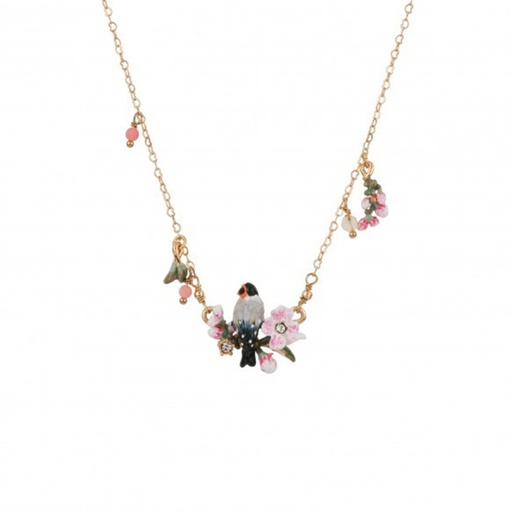 Bird On A Branch Cherry Blossom Flower Enamel Pendant Necklace