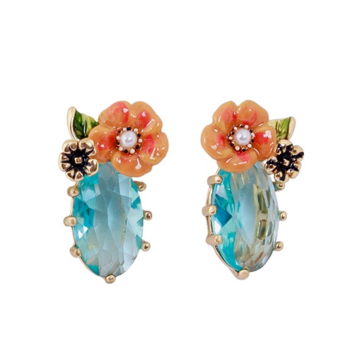 Orange Flower And Crystal Enamel Earrings