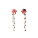 Pink Butterfly Flower Asymmetrical Tassel Enamel Earrings