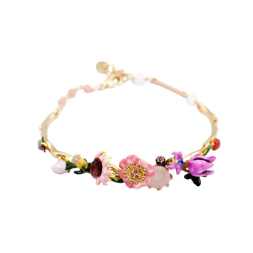 Pink Flower Lotus And Stone Enamel Bracelet