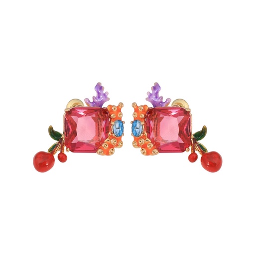 Pink Gem Cherry Enamel Earrings Jewelry Stud Clip Earrings