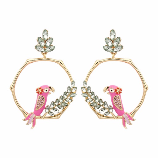 Pink Parrot Bird And Crystal Stud Enamel Earrings