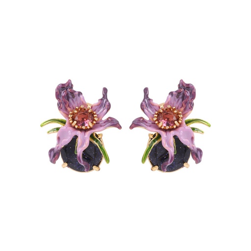 Purple Flower on Carved Crystal Enamel Earrings