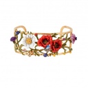 Red Rose White Flower Branch And Crystal Enamel Bangle Bracelet