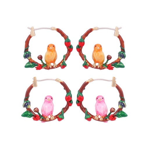 Orange Pink Bird On Flower Branch Enamel Hoop Earrings Jewelry Gift