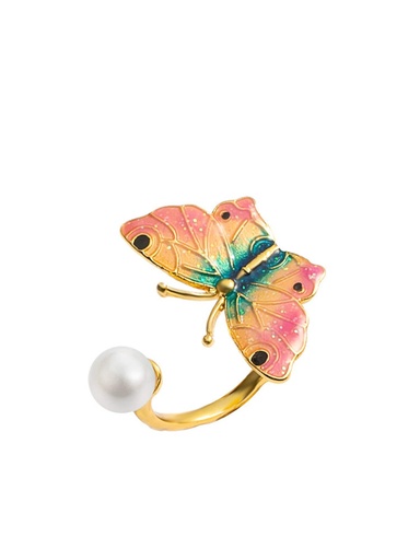 Butterfly With Pearl Enamel Adjustable Ring Jewelry Gift