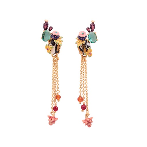 Cactus And Flower Long Tassel Enamel Earrings
