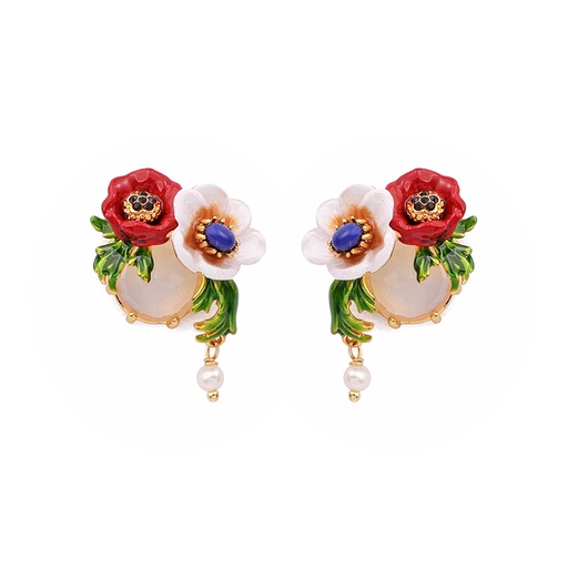 Flower Leaf And Stone Enamel Earrings