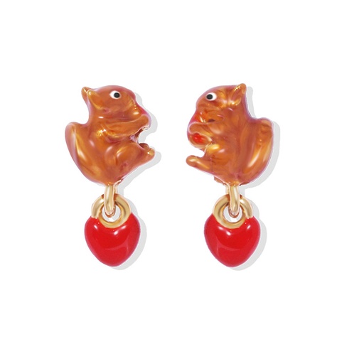 Squirrel And Red Heart Enamel Stud Earrings