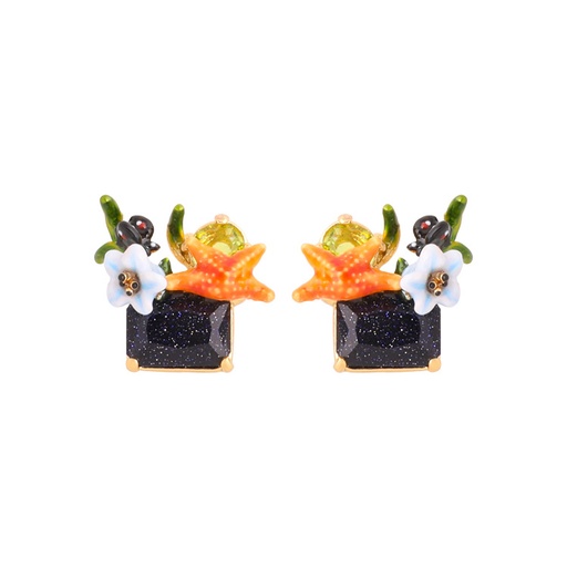 Ocean Starfish Flower And Black Stone Enamel Earrings