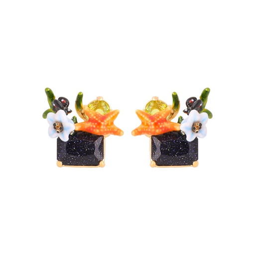 Ocean Starfish Flower And Black Stone Enamel Earrings