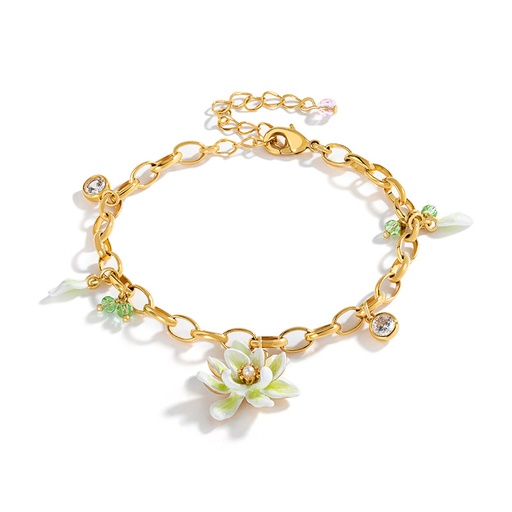 Gardenia Flower With Pearl And Crystal Enamel Charm Bracelet