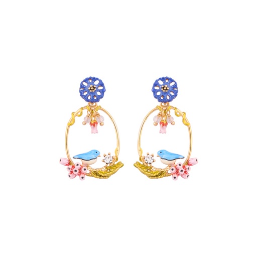 Robin Bird And Pink Flower Crystal Enamel Earrings