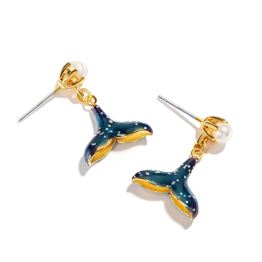 Fish Tail With Pearl Enamel Dangle Earrings