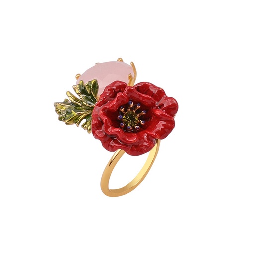 Rose Flower And Stone Enamel Adjustable Ring