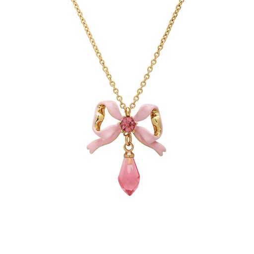 Pink Bow And Crystal Enamel Necklace